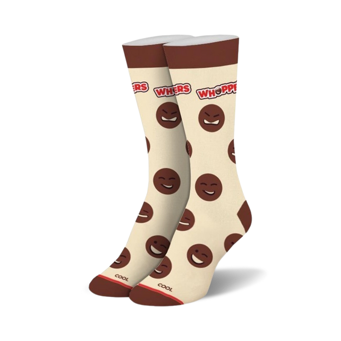 Pair of cream-colored crew socks with brown Whopper-face emojis and 'Whoppers' text. Fun, quirky design.