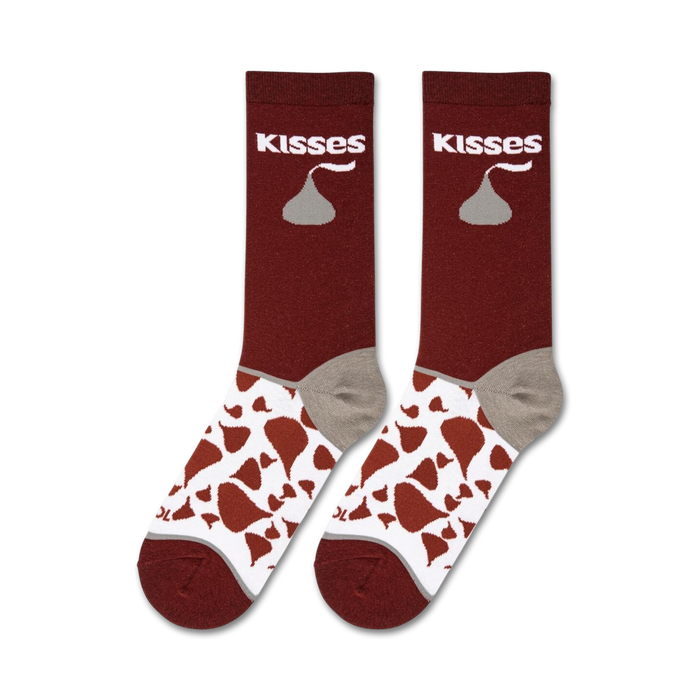 A brown sock with a white Hershey's Kisses logo.