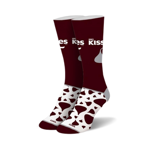 Pair of burgundy and white crew socks with Hershey's Kisses logo and design.  Features a burgundy top with white Kisses and a white bottom with burgundy Kisses.