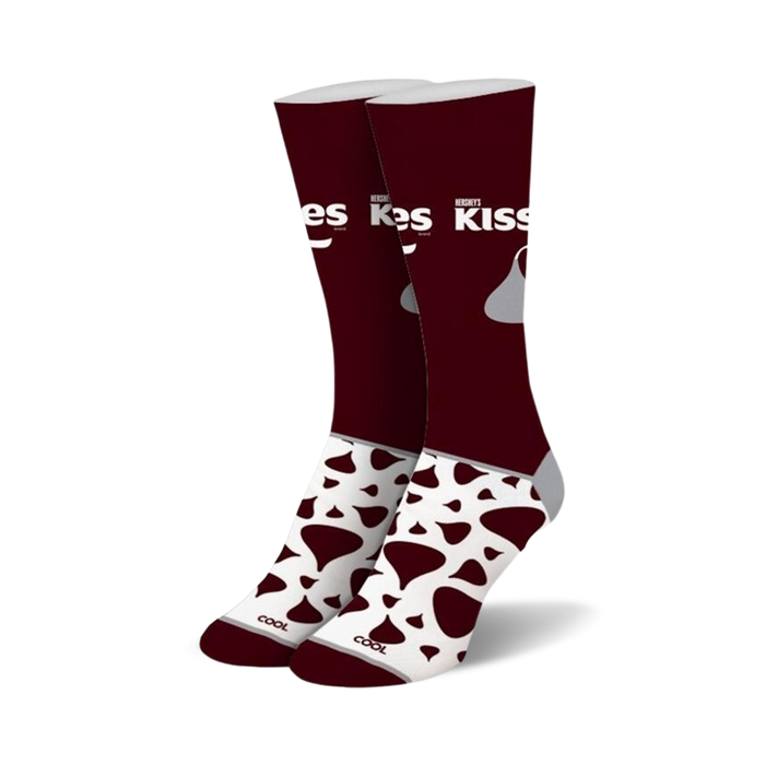 women's crew socks in dark red feature a white hershey's kisses pattern.  