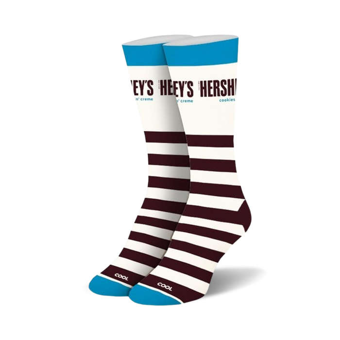 Pair of crew socks in white, brown, and teal.  Features Hershey's Cookies 'n' Creme branding and horizontal stripes.