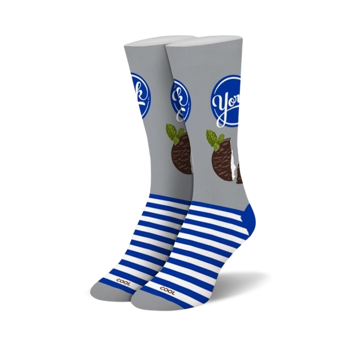 round chocolate candies with peppermint filling, blue and white stripes at ankle, gray with york written in blue on the leg.  