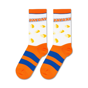 A pair of white socks with an orange top and blue striped bottom. The word 