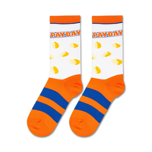 Flatlay product shot of a pair of Payday candy bar-themed socks.