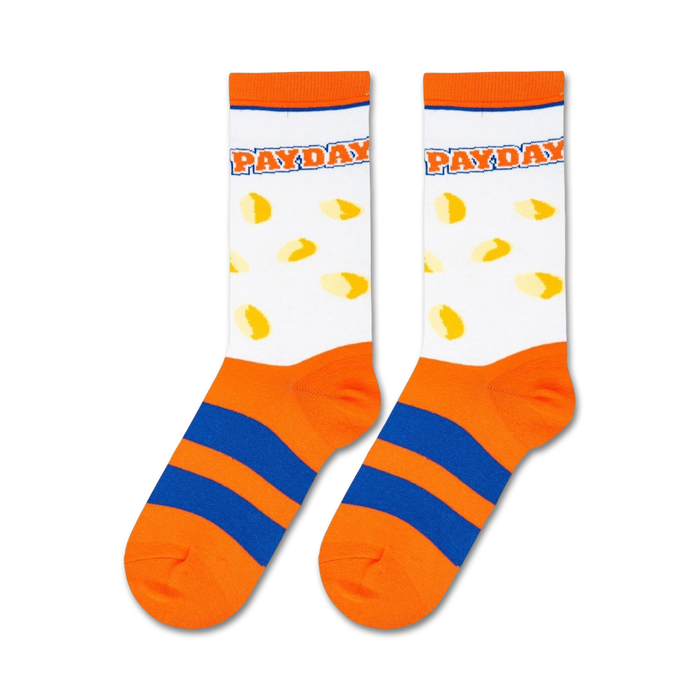 Flatlay product shot of a pair of Payday candy bar-themed socks.