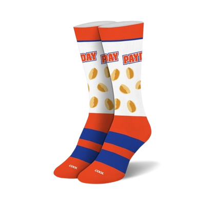 Pair of crew socks in orange, blue, and white. The socks feature a repeated image of Payday candy bars and the word 'Payday'.