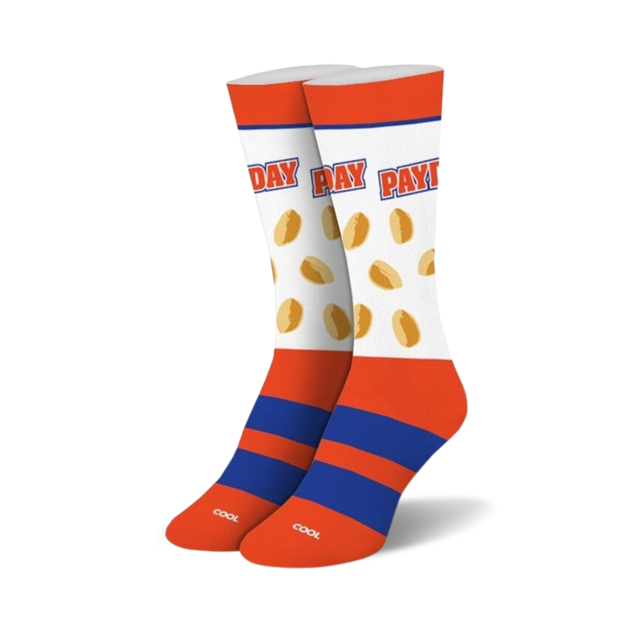 white crew socks feature repeating orange 