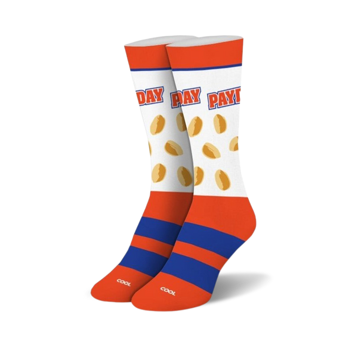 Pair of crew socks in orange, blue, and white.  The socks feature a repeated image of Payday candy bars and the word 'Payday'.