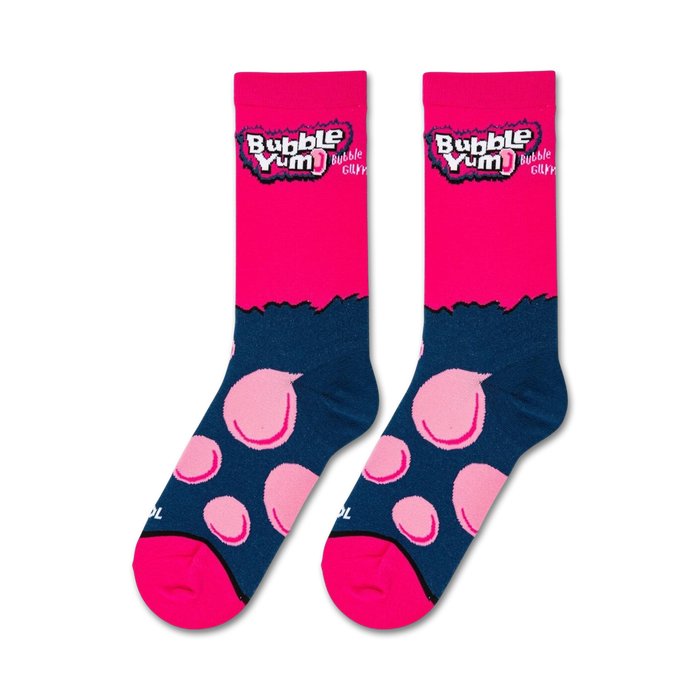 Flat lay showcasing a pair of Bubble Yum socks, highlighting the full design from top to toe.