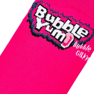 Close-up detail shot of the Bubble Yum logo on a bright pink section of the sock.