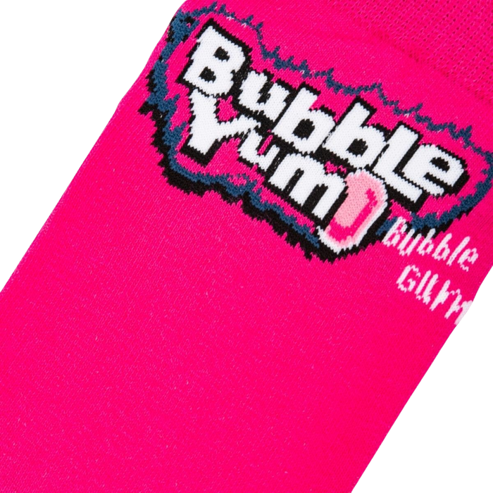 Close-up detail shot of the Bubble Yum logo on a bright pink section of the sock.