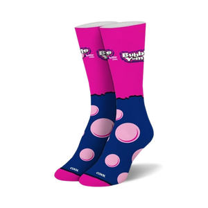 Pair of crew socks in pink and navy blue.  The socks feature a Bubble Yum logo and pink bubblegum-shaped designs.
