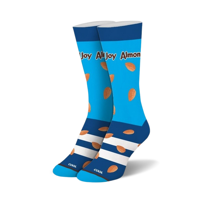 crew socks for women featuring a pattern of brown almond-shaped objects on a light blue background with white stripes.   