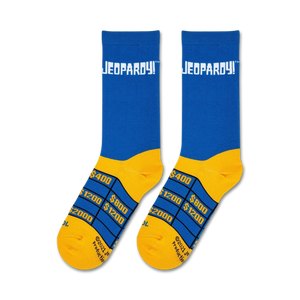 Flatlay product shot of a pair of Jeopardy! crew socks, showcasing the full design and color details.
