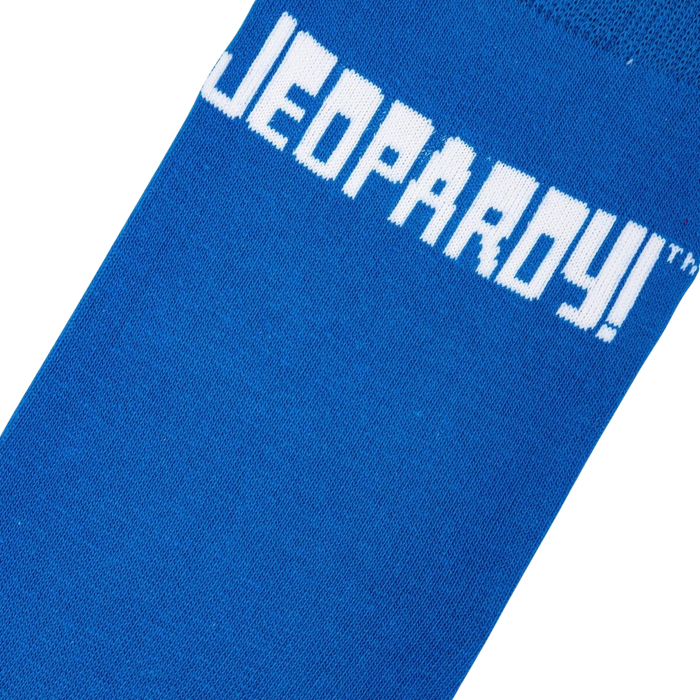 Close-up detail shot of the Jeopardy! logo on the blue portion of the sock.
