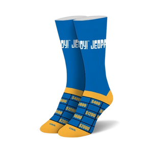 Pair of Jeopardy! crew socks in blue and gold. The socks feature the Jeopardy! logo and a game board design on the bottom.