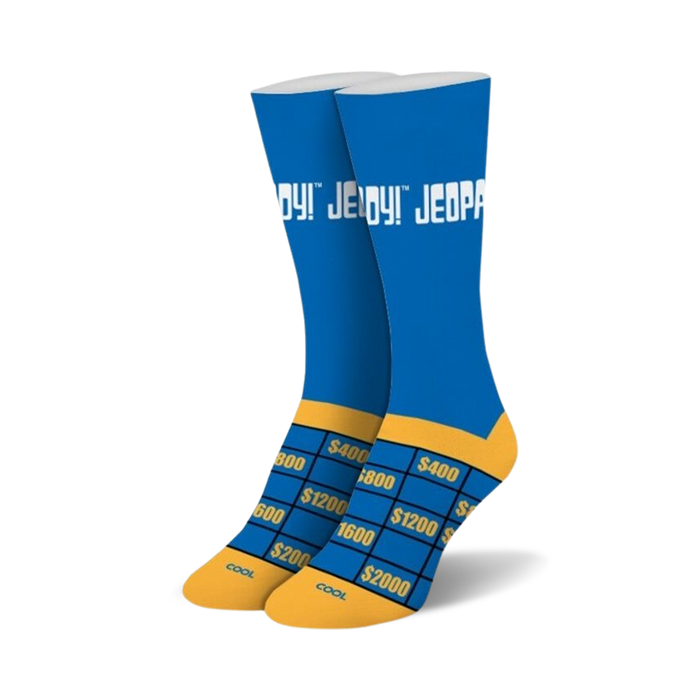 Pair of Jeopardy! crew socks in blue and gold. The socks feature the Jeopardy! logo and a game board design on the bottom.