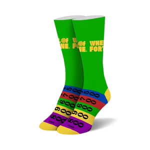 Pair of crew socks in green with the Wheel of Fortune logo and colorful stripes at the bottom, reminiscent of the game's score board.
