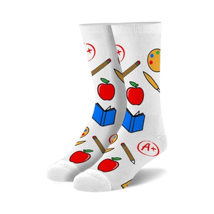 Pair of white crew socks with colorful illustrations of apples, pencils, paint palettes, and books.  Perfect for teachers!
