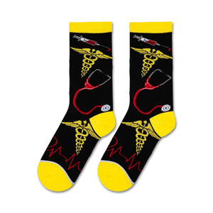 Close-up showcasing the detailed design of the 'Nurse' socks; caduceus, stethoscope, syringe and EKG.