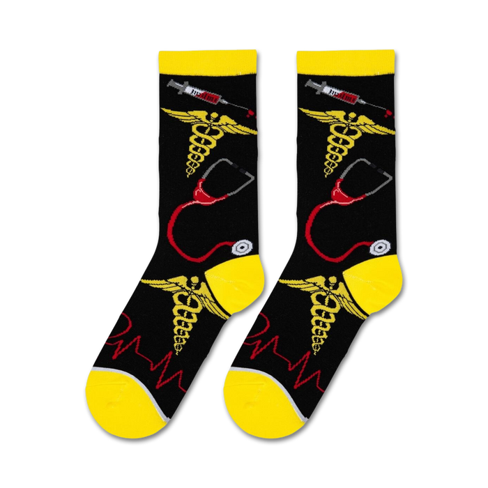 Close-up showcasing the detailed design of the 'Nurse' socks; caduceus, stethoscope, syringe and EKG.