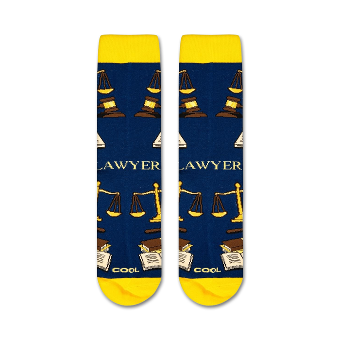 Flatlay showcasing the Lawyer socks, highlighting their navy blue color and gold design details.