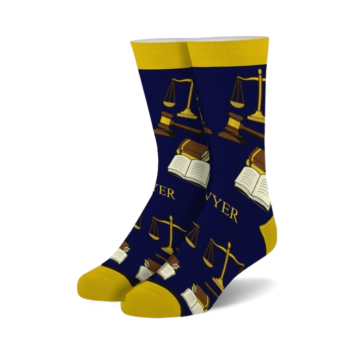 Pair of navy blue crew socks featuring gold scales of justice, gavels, and open books. The word 'Lawyer' is subtly incorporated into the design.