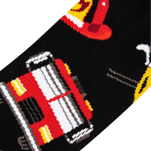 Close-up detail shot of the Firefighter sock design, emphasizing the firetruck illustration.