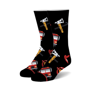 Pair of black crew socks featuring red fire trucks, axes, and helmets. Fun and playful design.