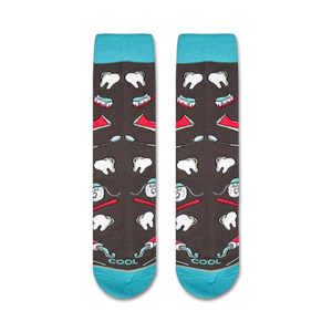 Flatlay showcasing the Dentist socks, highlighting the teal cuffs and full design.