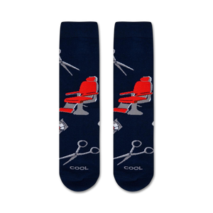 Flatlay image of two Barber Shop socks showing the full design.