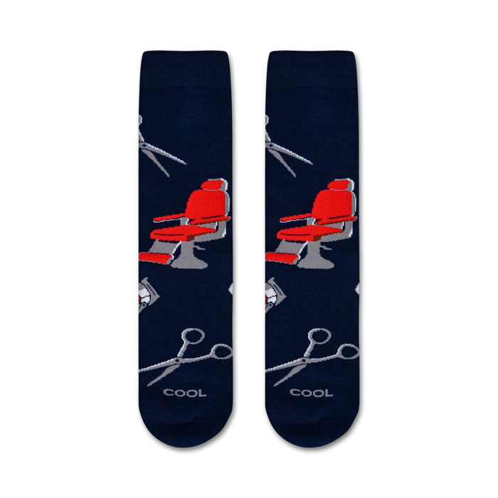 Flatlay image of two Barber Shop socks showing the full design.