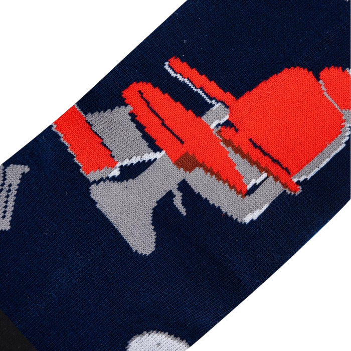 Close-up detail shot of the barber chair design on the socks.
