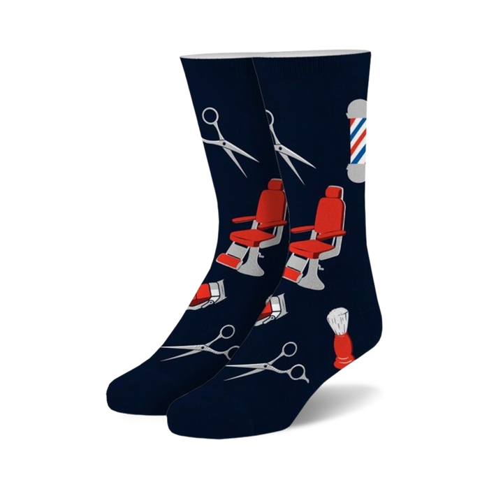 Pair of navy blue crew socks with red and gray barber-themed designs: barber chairs, scissors, and shaving brushes.