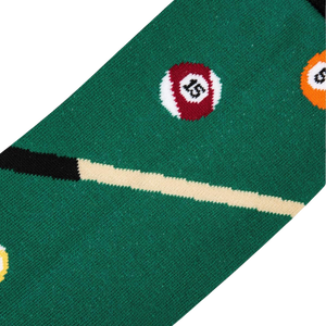 Close-up detail shot of the Billiards socks, focusing on the texture and pool cue design.