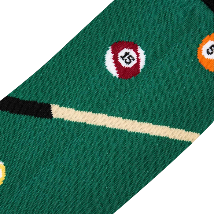 Close-up detail shot of the Billiards socks, focusing on the texture and pool cue design.