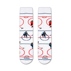 Flat lay showcasing a pair of white crew socks with a hockey-themed pattern.