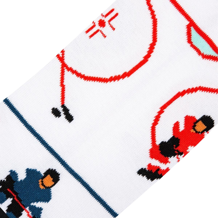 Close-up detail shot of the hockey sock's design, showing the intricate details of the hockey players and rink.