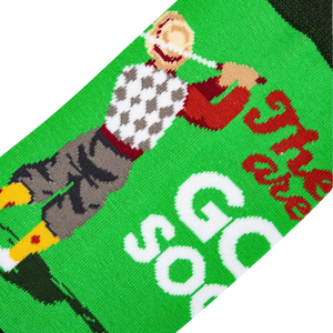Detailed close-up shot of the retro golfer graphic on the golf socks.