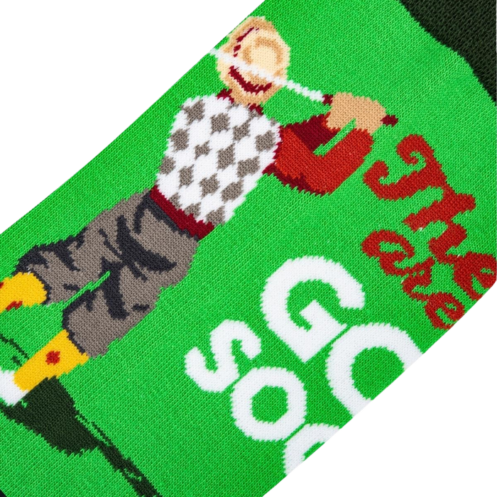 Detailed close-up shot of the retro golfer graphic on the golf socks.