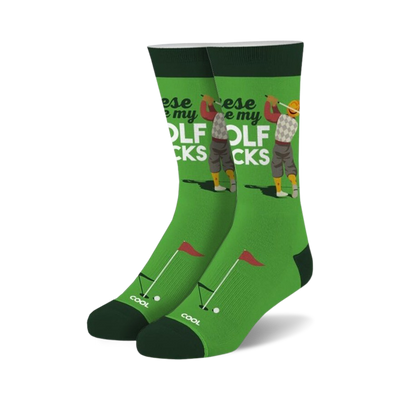 Pair of green crew socks with a retro golfer graphic, red and white text that says 'These are my golf socks', and small golf flag and ball details.