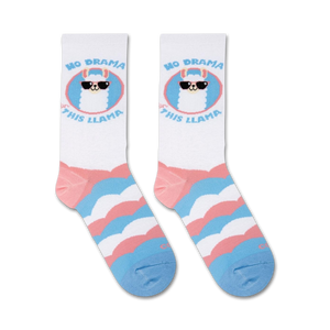 Flat lay showcasing a pair of No Drama Llama socks, highlighting their pastel pink, blue, and white striped pattern and llama design.