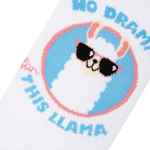 Close-up detail shot of the No Drama Llama graphic on the socks. Shows the llama wearing sunglasses and the text 'No Drama Llama'.