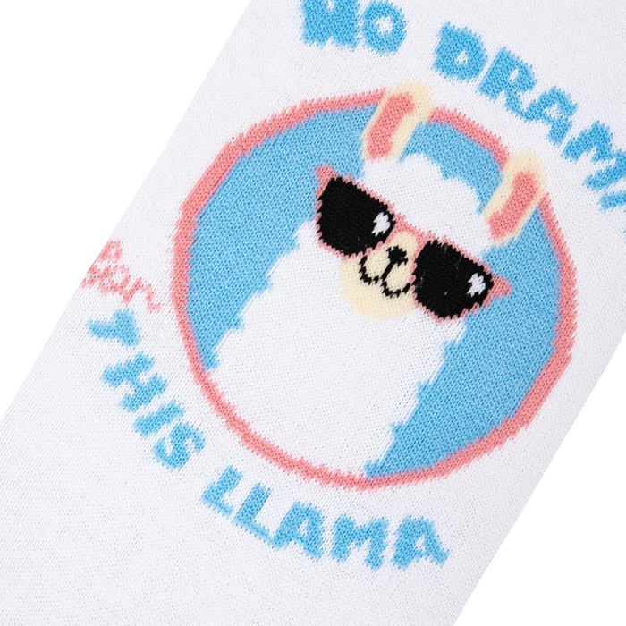Close-up detail shot of the No Drama Llama graphic on the socks. Shows the llama wearing sunglasses and the text 'No Drama Llama'.
