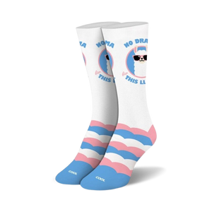 Pair of crew socks with pastel pink, blue, and white stripes and a cool llama graphic that says No Drama Llama.
