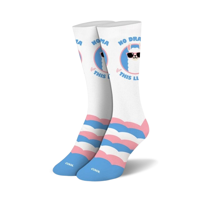 Pair of crew socks with pastel pink, blue, and white stripes and a cool llama graphic that says No Drama Llama.