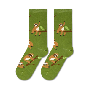 Flatlay showcasing a pair of green crew socks with sloths.