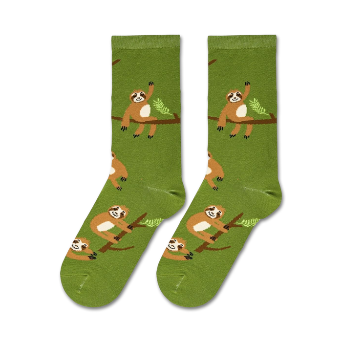 Flatlay showcasing a pair of green crew socks with sloths.