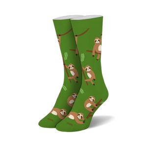Pair of green crew socks with repeating pattern of brown sloths hanging on branches.