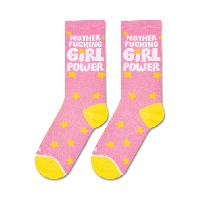 Pair of pink 'Mother Fucking Girl Power' socks shown on a white background.
